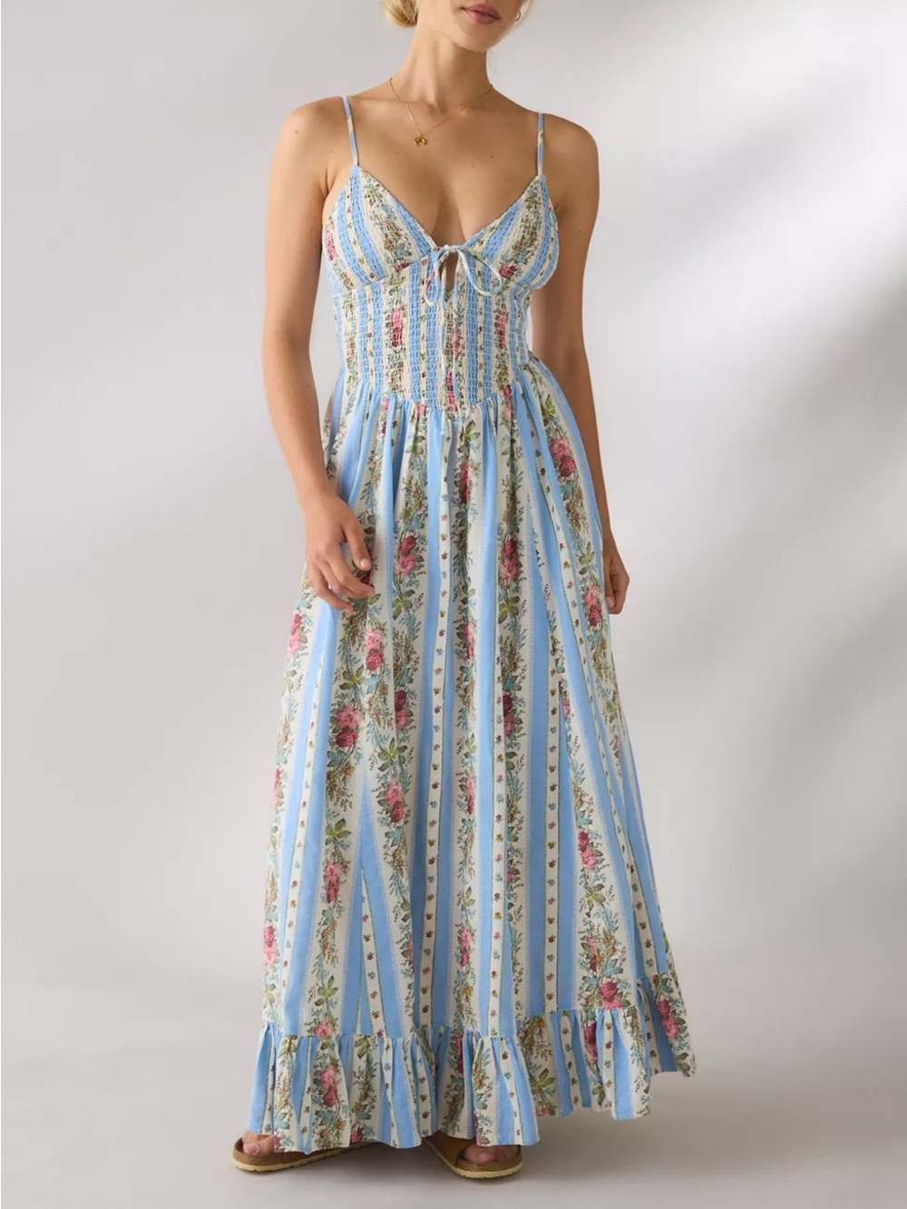 NWT Kimchi Blue Keepsake Tie-Front Smocked Cotton Maxi Dress